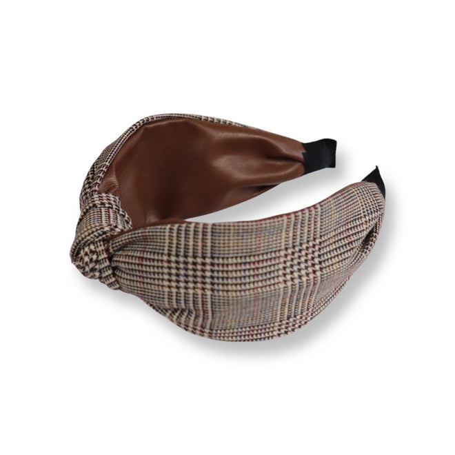 Two Toned Knotted Headband - Soigne Luxury Accessories - Headbands - Soigne Luxury Accessories - brownleather and plaid headband - Soigne Luxury Accessories -