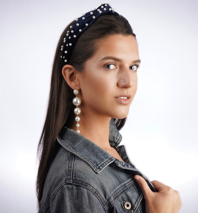 Velvet Knotted Headband Embellished With Pearls (Navy Blue) - Soigne Luxury Accessories - Soigne Luxury Accessories - SEVNBTKP - Soigne Luxury Accessories -