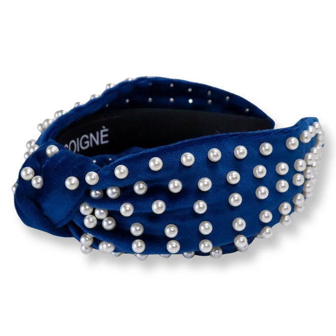 Velvet Knotted Headband Embellished With Pearls (Navy Blue) - Soigne Luxury Accessories - Soigne Luxury Accessories - SEVNBTKP - Soigne Luxury Accessories -