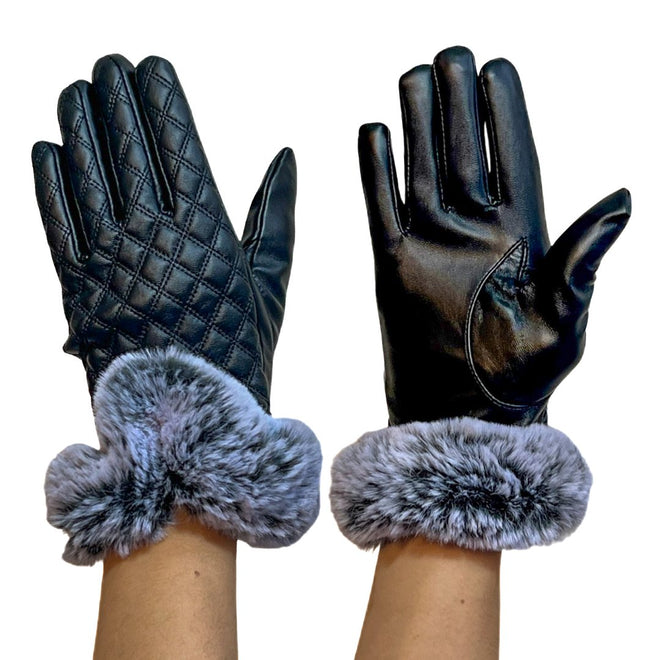 Quilted Leather Fur Gloves Black - Soigne Luxury Accessories - Soigne Luxury Accessories - black leather gloves - Soigne Luxury Accessories -