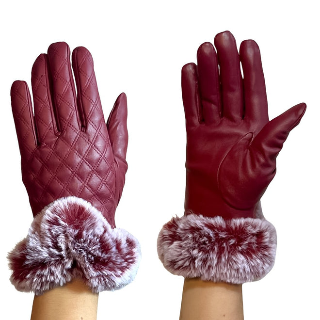 Quilted Leather Fur Gloves Maroon - Soigne Luxury Accessories - Soigne Luxury Accessories - maroon leather gloves-1-1 - Soigne Luxury Accessories -