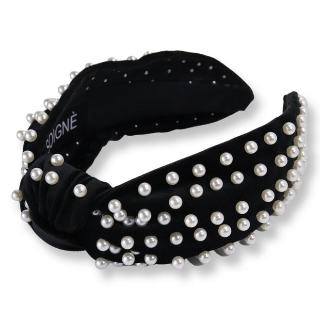 Velvet Knotted Headband Embellished with Pearls - Soigne Luxury Accessories - Soigne Luxury Accessories - pearlEmbVelvetKnottedfall23 - Soigne Luxury Accessories -